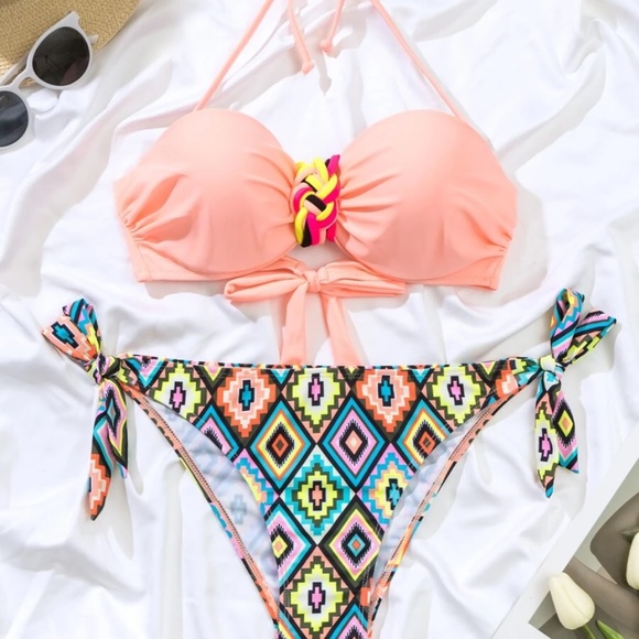 Boho Geo Print Side Tie Bikini Swim Beach - Picture 8 of 9